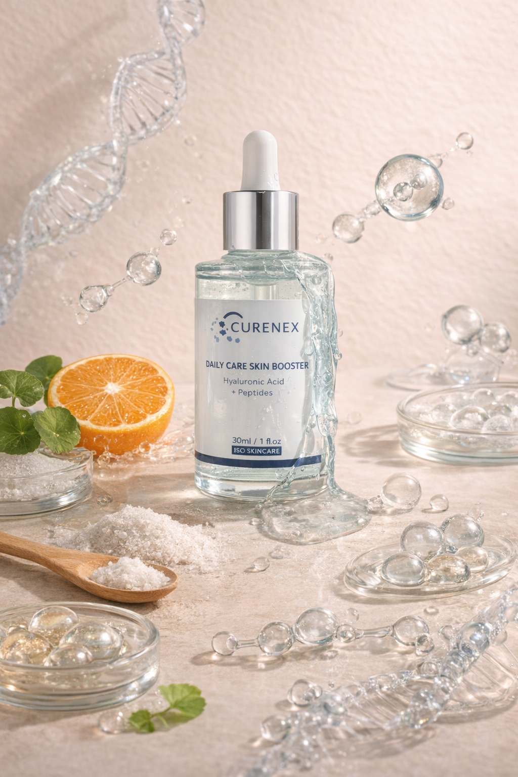 Curenex Daily Care Skin Booster bottle with an orange and decorative elements on a neutral background.