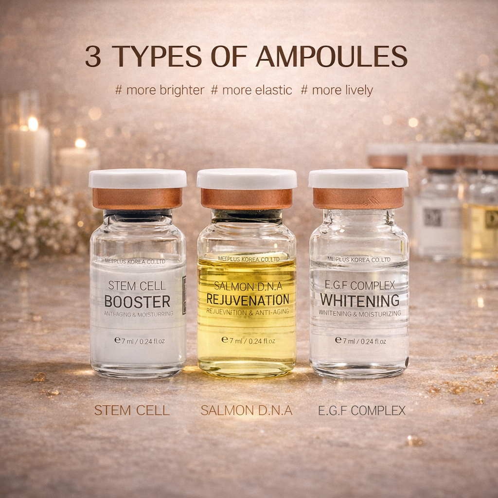 Three types of Dr. Drawing ampoules with labels on a decorative background, including stem cell, salmon DNA, and EGF.