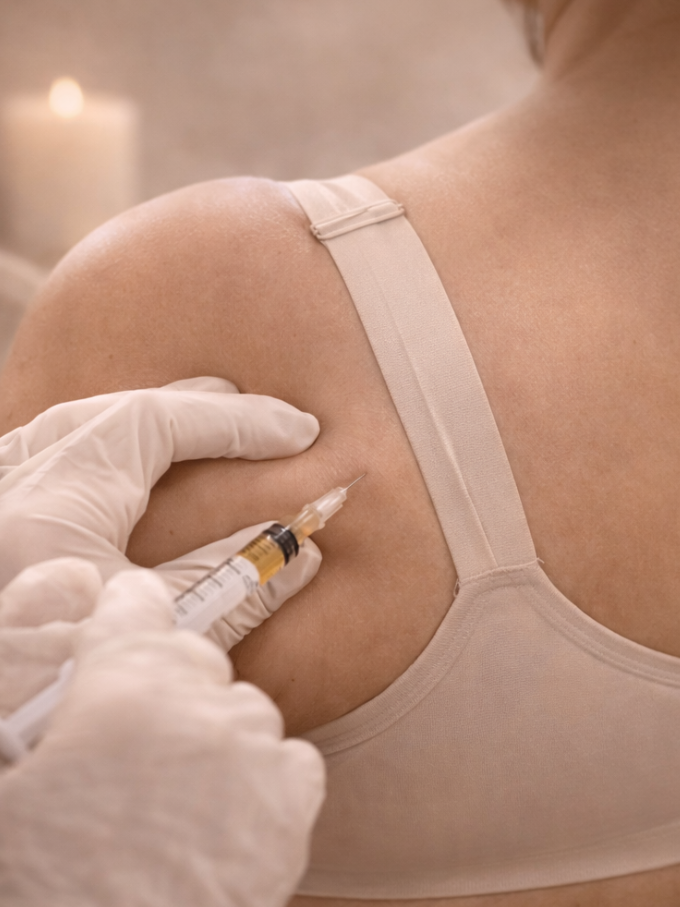 Person receiving Lipo Lab PPC Solution on the shoulder with a gloved hand.