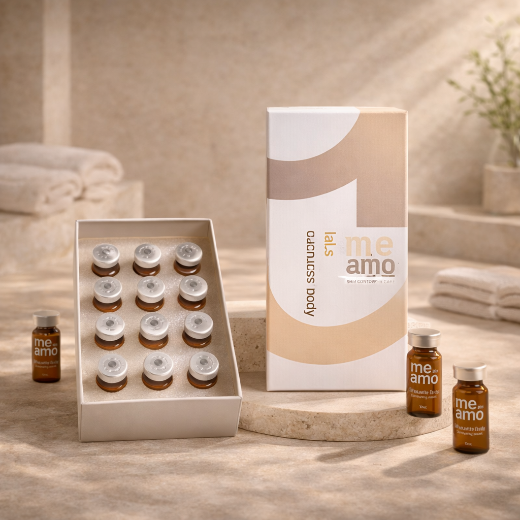 Meamo Silhouette Body Serums product packaging on a wooden surface with a neutral background.
