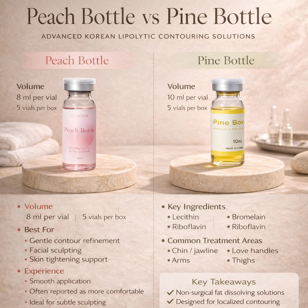 Comparison chart of Peach Bottle Fat Dissolver and Pine Bottle Fat Dissolver products on a neutral background.