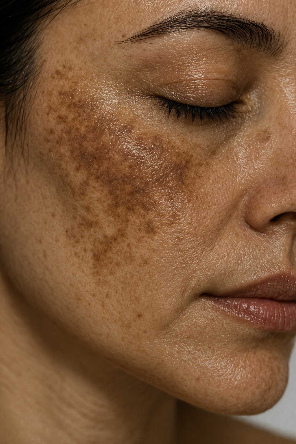 Close-up of facial hyperpigmentation, dark spots, and uneven skin tone on cheek, illustrating common pigmentation concerns in skincare