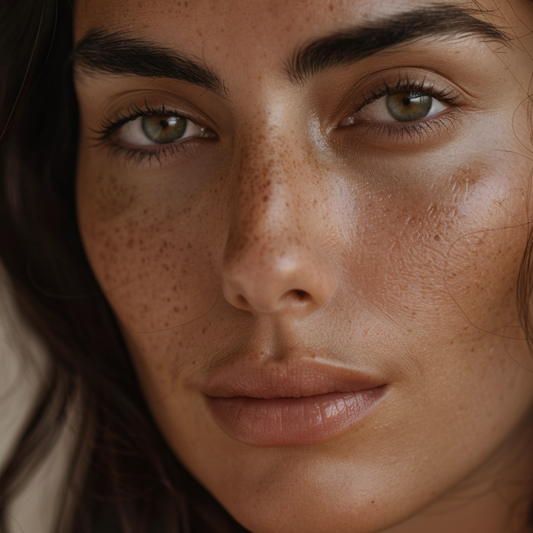 Close-up of face with freckles and natural skin texture showing pigmentation, pores, and healthy skin detail
