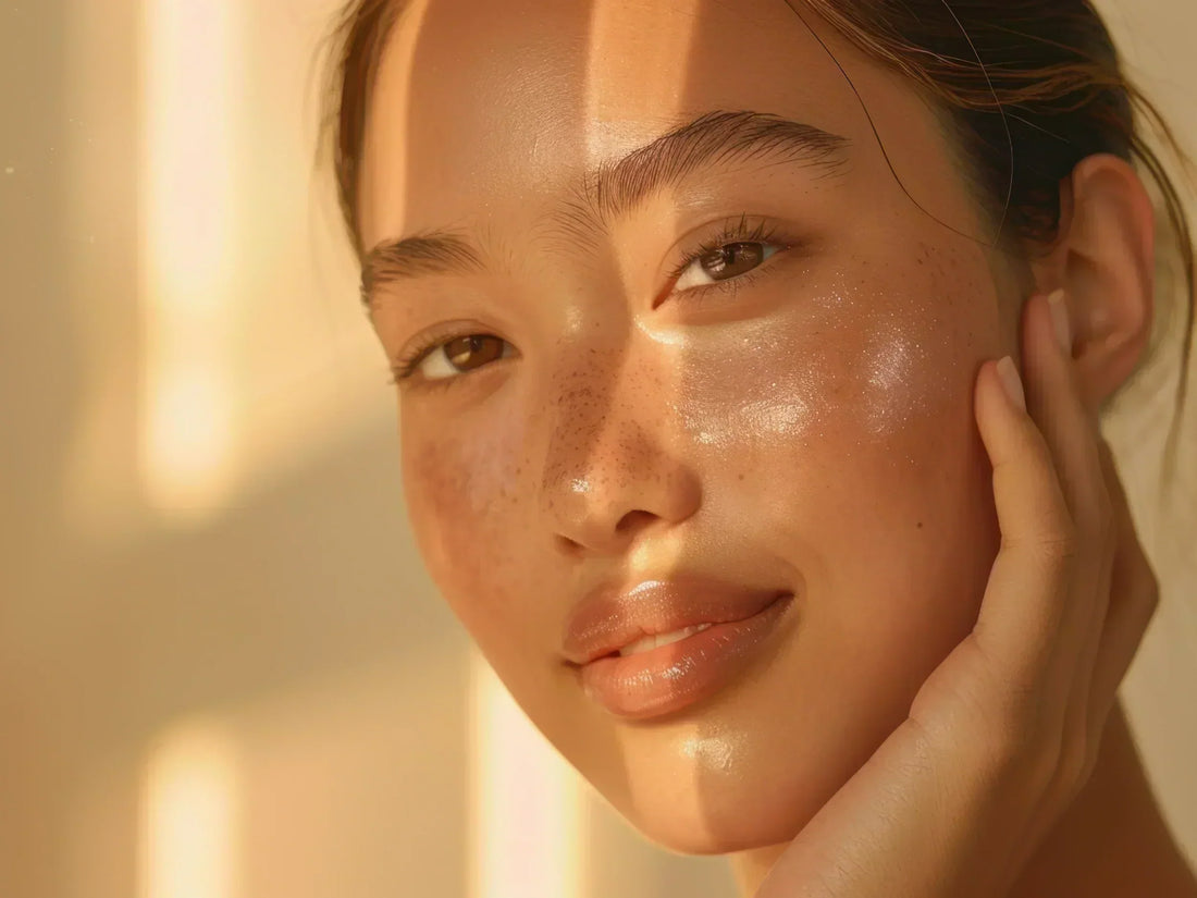 Glowing skin in natural morning light, illustrating daytime and nighttime skincare routines for hydration, protection, and repair
