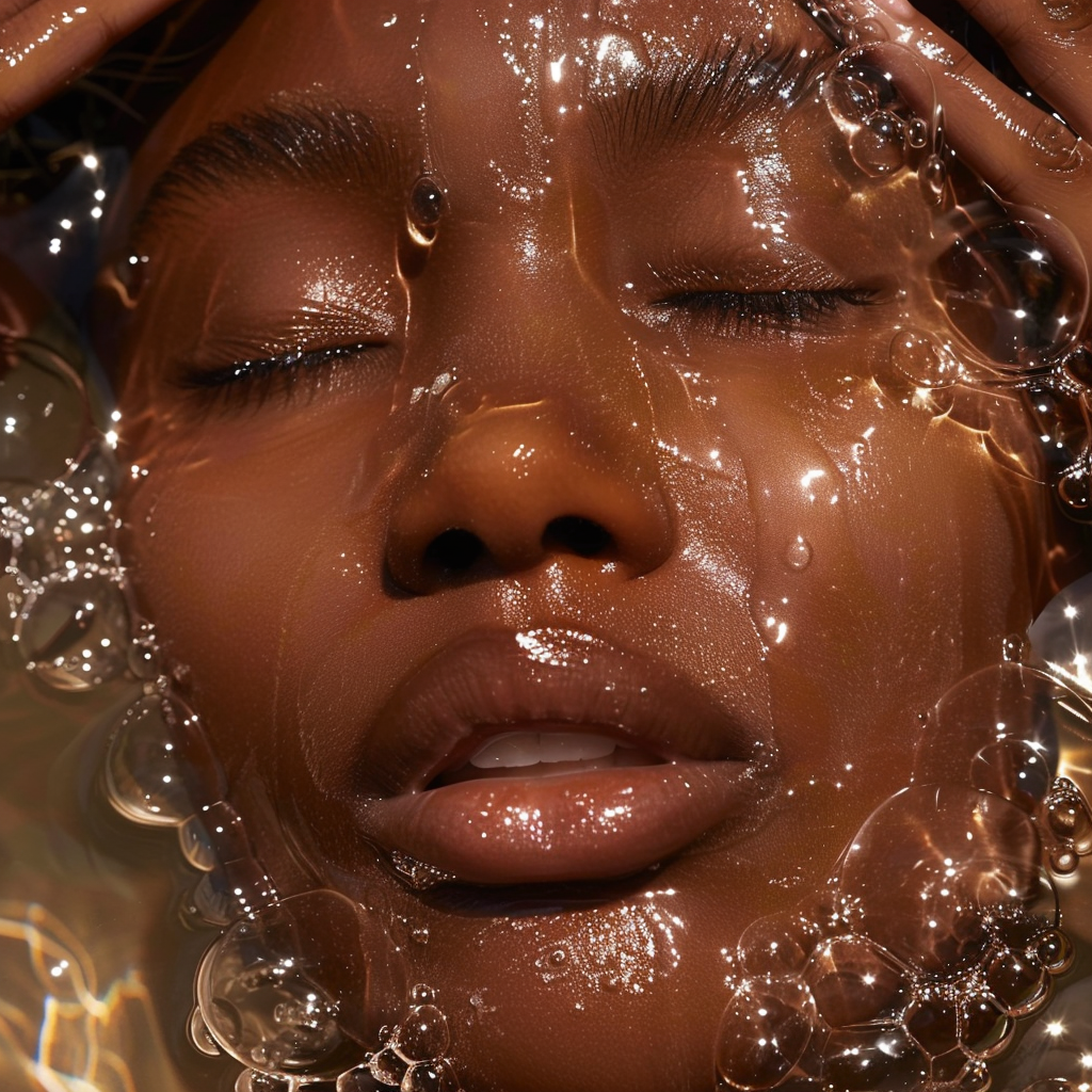Close-up of a woman’s face submerged in water with glowing skin and bubbles, highlighting hydration and radiance