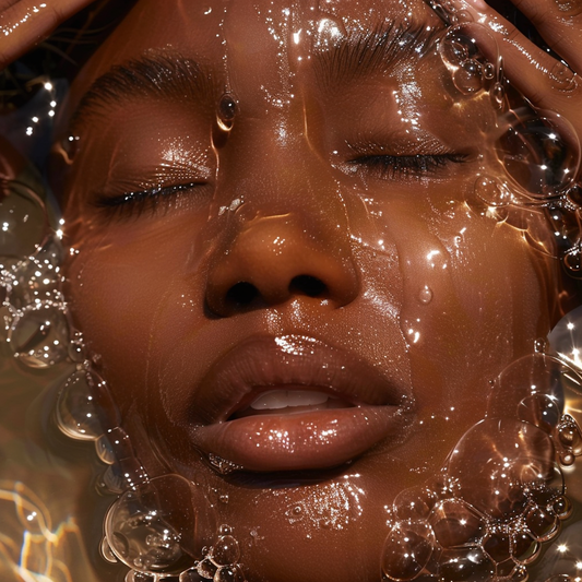 Close-up of a woman’s face submerged in water with glowing skin and bubbles, highlighting hydration and radiance