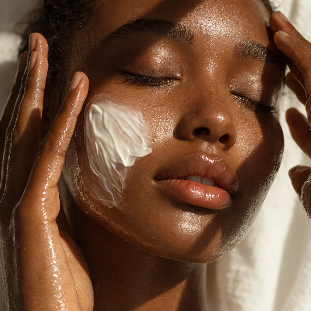 Luminous skin ritual in progress, with a rich cream melting into the complexion to restore hydration, softness, and glow