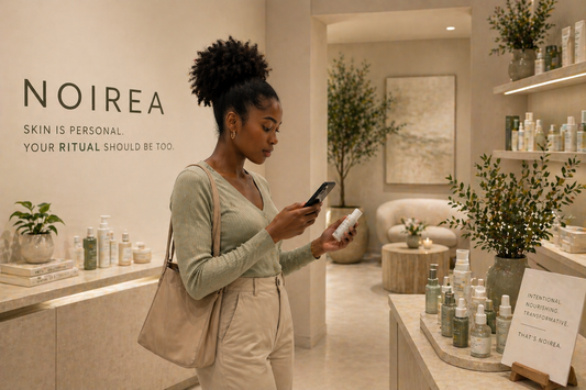 Young Black woman in a modern, minimalist skincare boutique using her phone while selecting products, surrounded by neutral-toned displays representing a personalized skincare ritual experience.