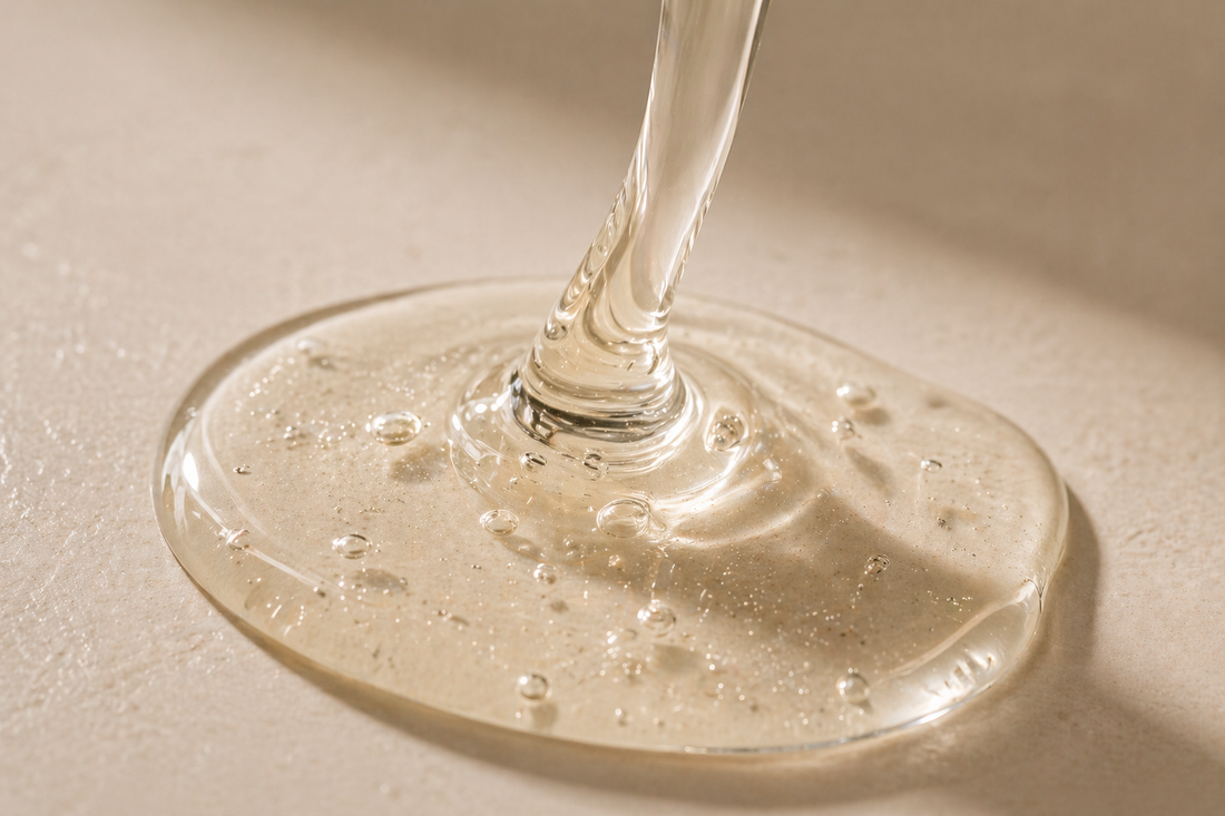 Close-up of translucent snail mucin serum texture with glossy, hydrating consistency on neutral background