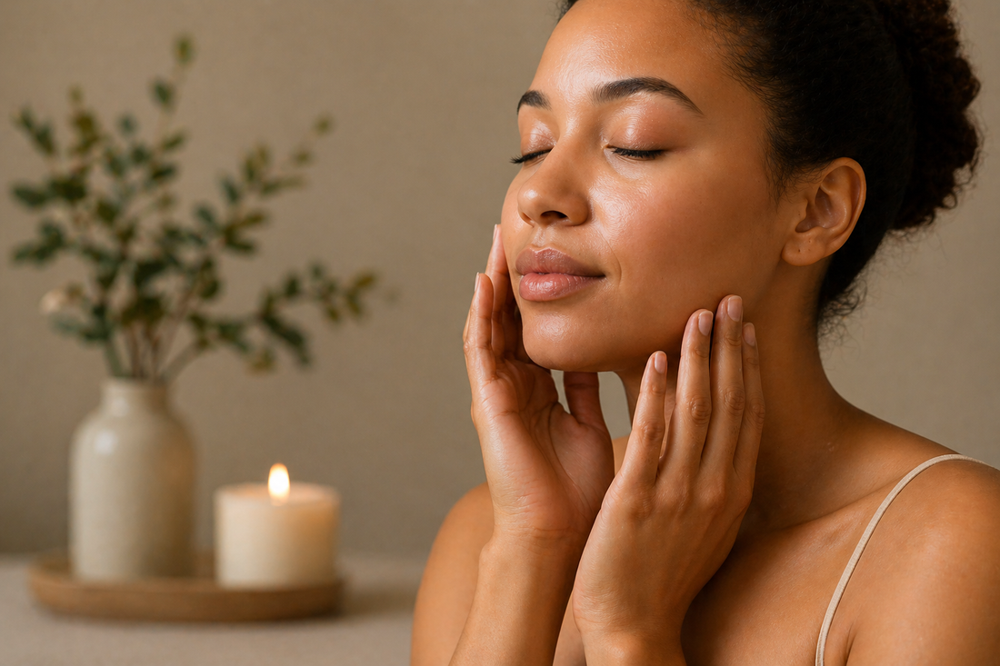 Woman gently touching her face in a calm skincare ritual, representing soothing and protective ingredients for stressed and sensitive skin