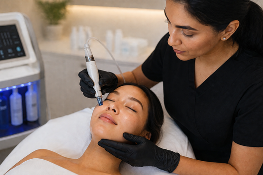 Aesthetic treatment being performed on client’s skin in a clinical setting, representing post-treatment care and recovery process