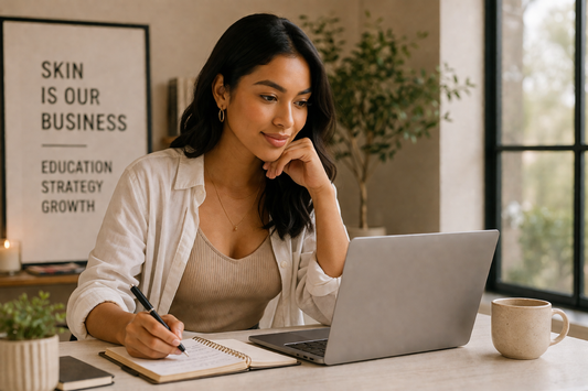 Woman working on laptop in a calm, modern workspace representing strategy, brand building, and long-term clinic growth