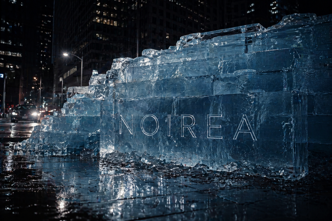 Noirea Skin ice block installation in New York City at night with melting stacked ice blocks and reflective wet pavement aesthetic