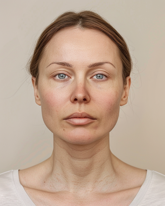 Cortisol face appearance with facial puffiness and under-eye swelling, representing inflammation and fluid retention addressed by barrier repair and glow-focused skincare.