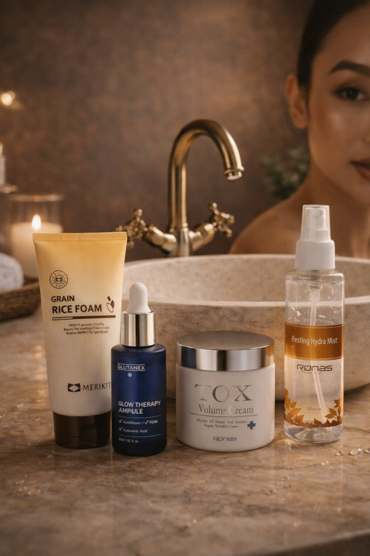 Skincare routine products including cleanser, toner, serum, and moisturizer arranged for different skin types on bathroom counter