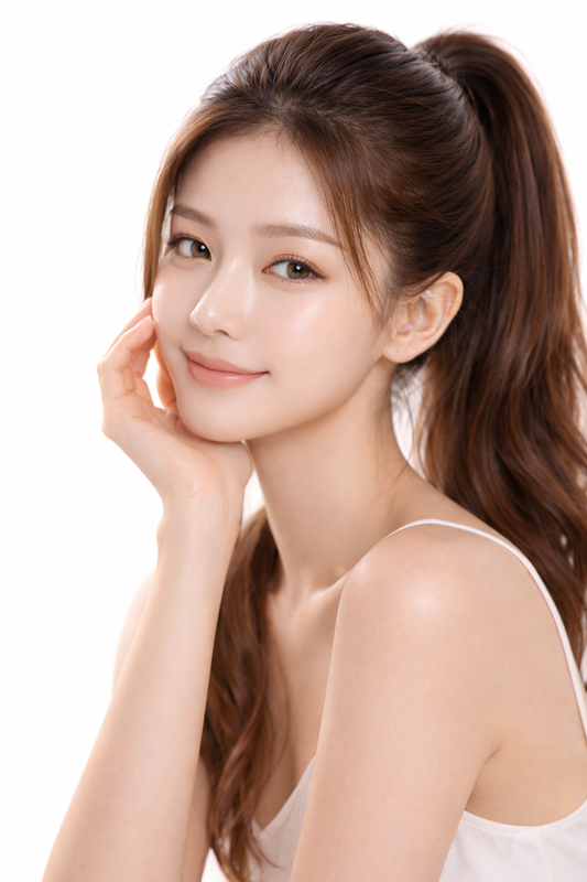 Young Korean woman with a high ponytail, soft natural makeup, and glowing skin, posing gently with her hand resting near her cheek against a clean light background.