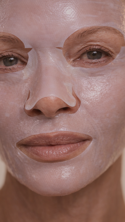 Hydrating sheet mask on glowing skin for Coachella skincare prep inspired by Justin Bieber festival routine
