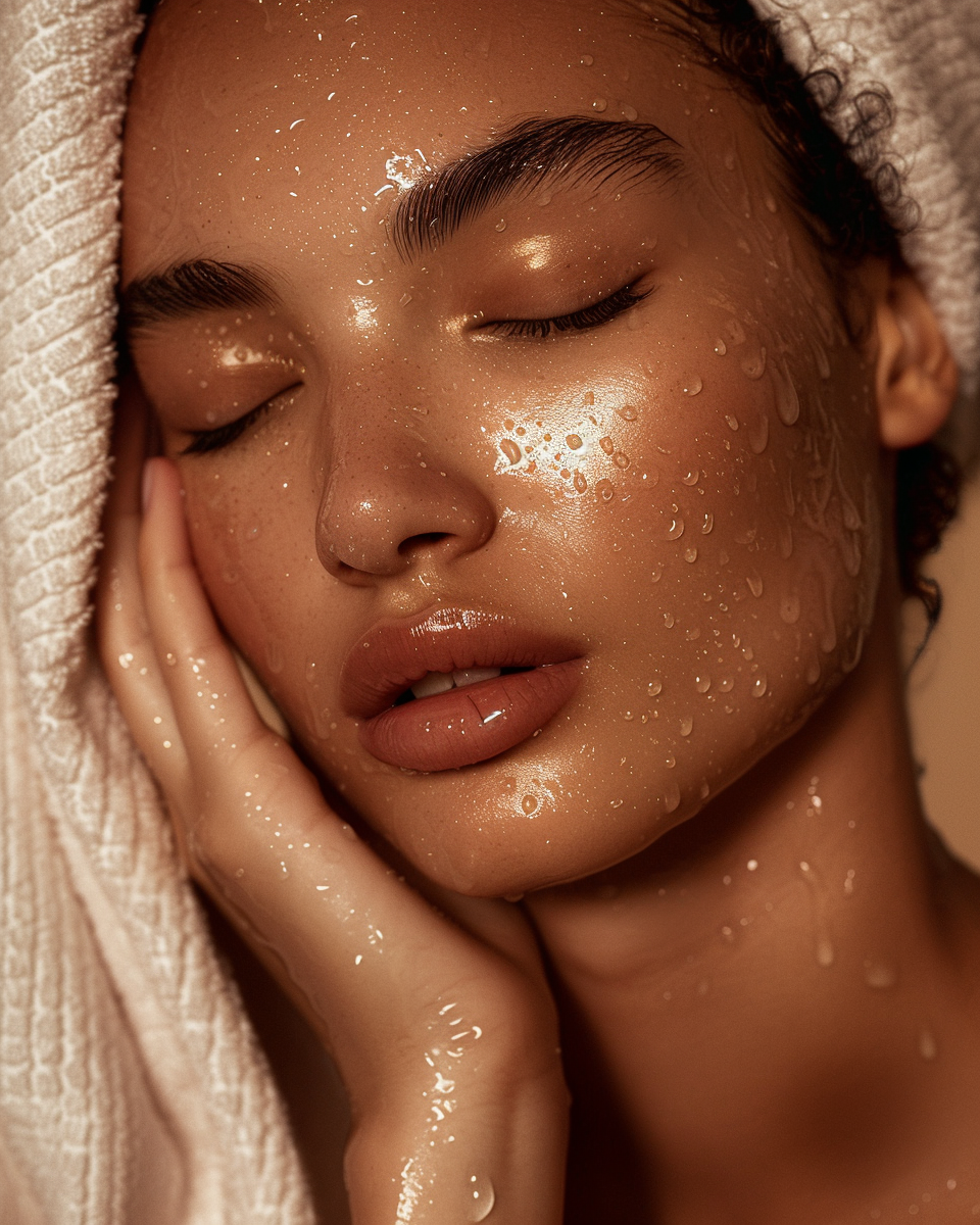 Hydrated glowing skin with water droplets