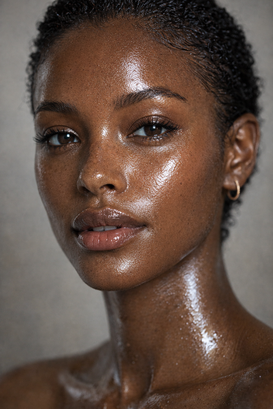 Glowing hydrated skin with dewy finish after PDRN skincare routine