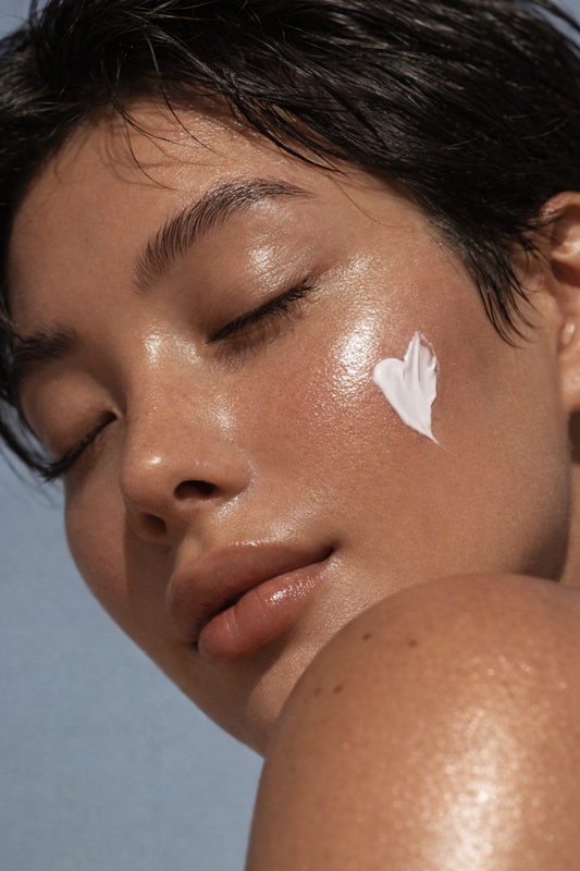 Woman applying skincare product with healthy glowing skin, representing a balanced skin microbiome