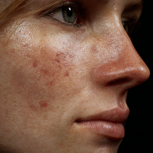 Close-up of acne-prone skin with visible breakouts and redness on cheek, illustrating common skincare concerns like blemishes and uneven texture