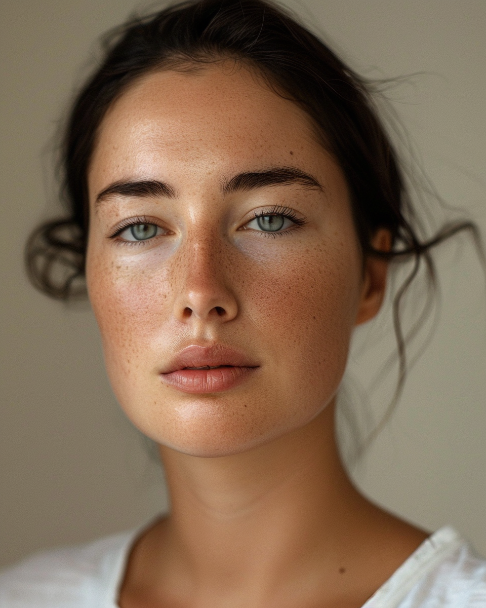 Soft, luminous complexion with natural freckles, dewy skin finish, and minimal makeup—capturing a refined, barrier-healthy glow and effortless, clinical-luxury beauty