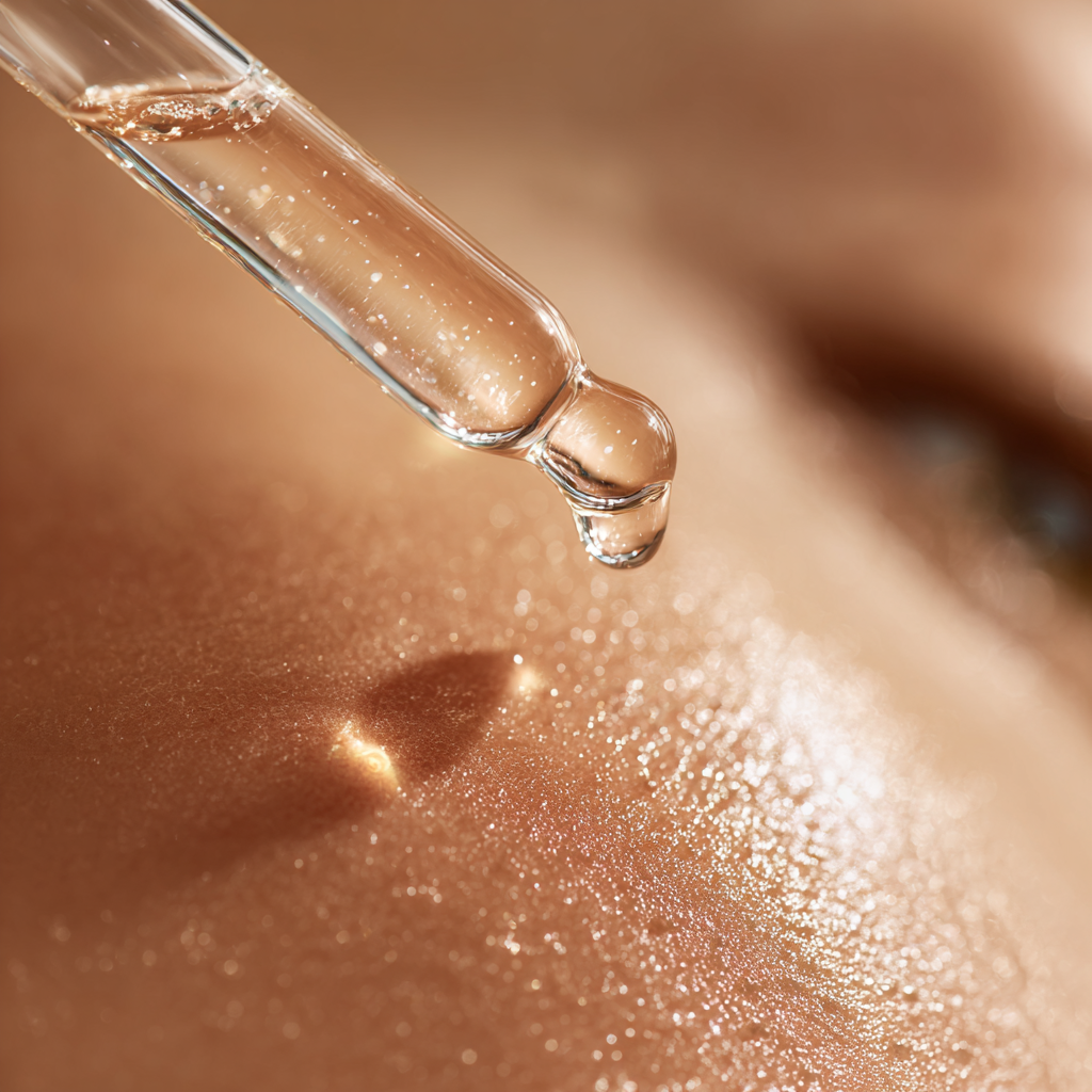 Serum dropper applying skincare product onto glowing skin, illustrating proper layering of skincare products for hydration and absorption