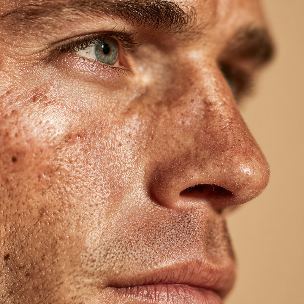 Close-up of textured skin with visible pores and natural glow, illustrating Korean skincare focus on hydration, barrier repair, and overall skin health
