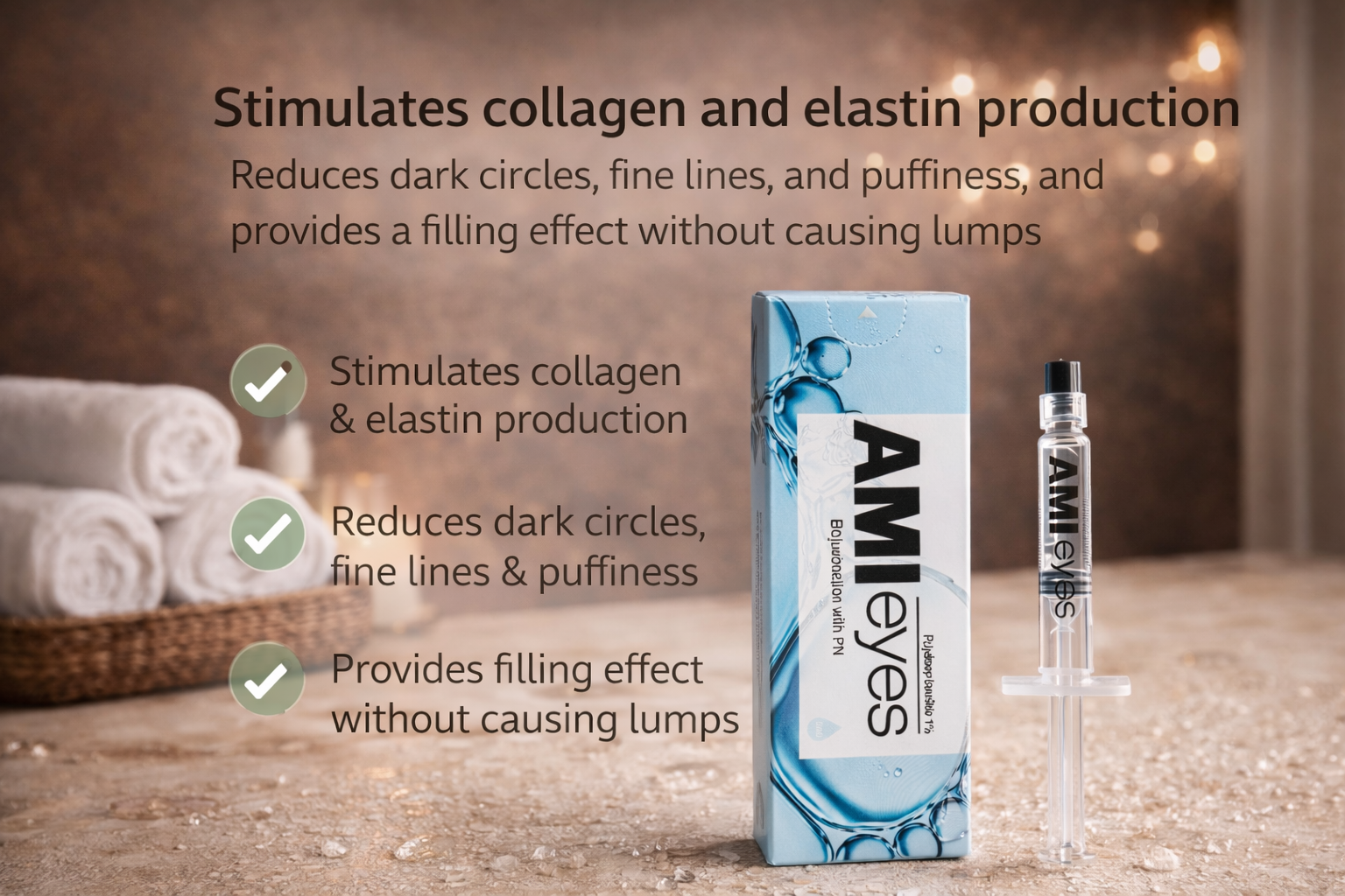Ami Eyes Professional Eye Treatment product packaging with syringe on a wooden surface, featuring text about collagen and elastin production.