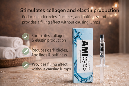 Ami Eyes Professional Eye Treatment product packaging with syringe on a wooden surface, featuring text about collagen and elastin production.