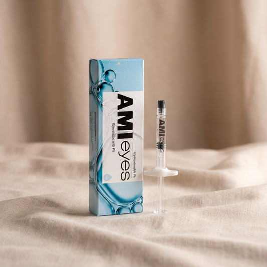 Ami Eyes Professional Eye Treatment product packaging and syringe on a beige fabric background.