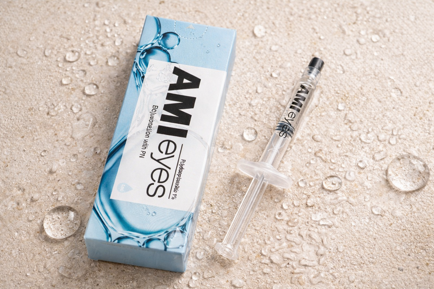 Ami Eyes Professional Eye Treatment packaging with a syringe on a textured surface.