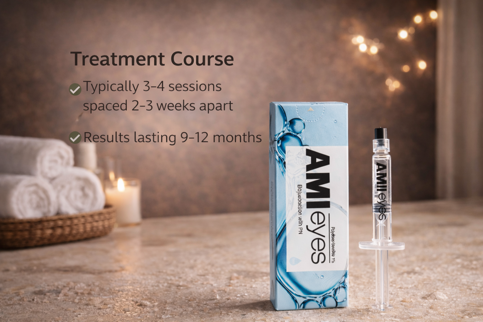 Ami Eyes Professional Eye Treatment product packaging and syringe on a wooden surface with decorative lights in the background.