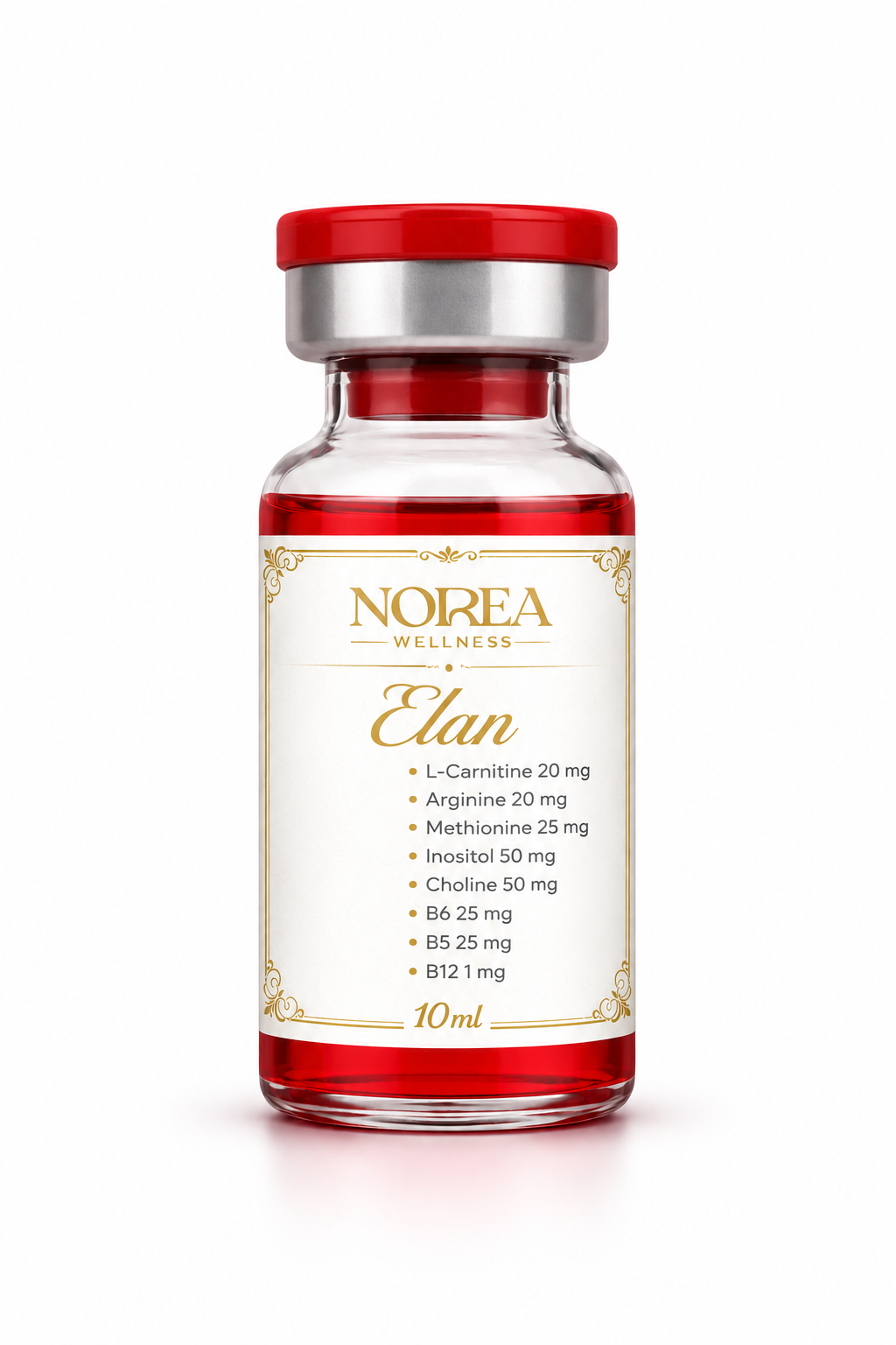 Clear vial with red cap on white background