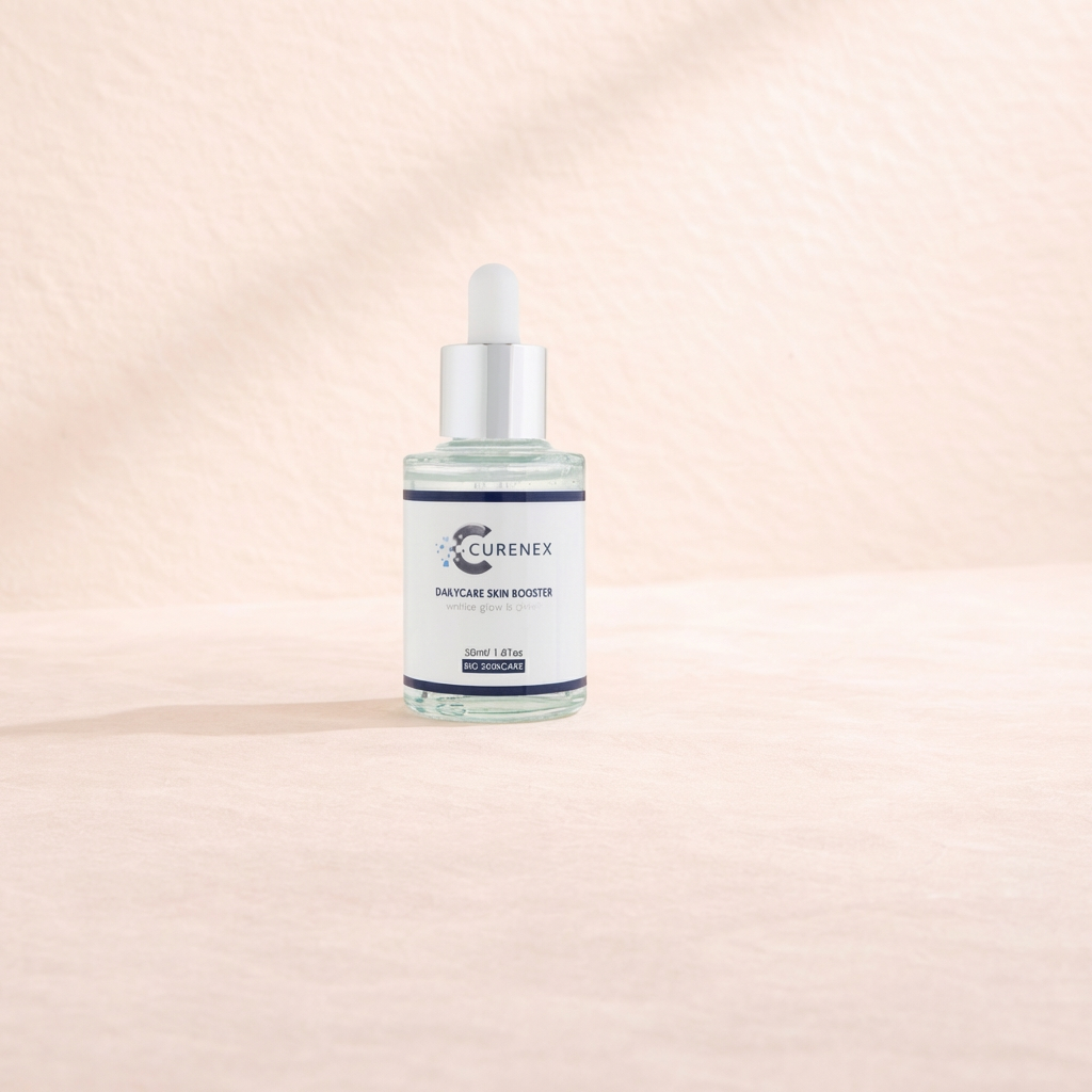 Curenex Daily Care Skin Booster serum bottle with dropper on a gradient beige background.