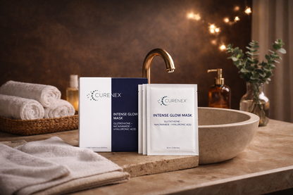 Curenex Salmon DNA & Multi-Peptide Rejuvenating Mask packets on a bathroom counter with towels and a bowl.