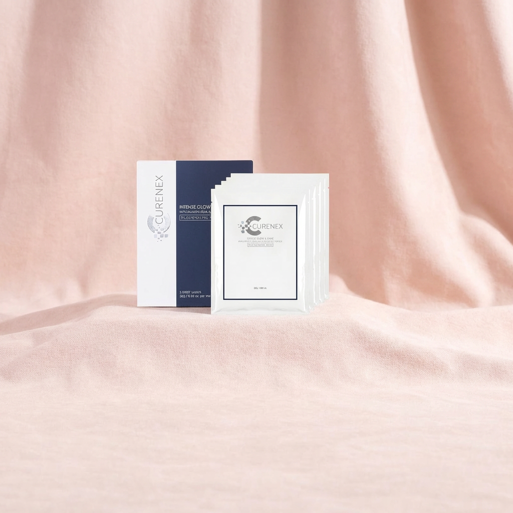 Curenex Salmon DNA & Multi-Peptide Rejuvenating Mask 5 pack on a soft pink fabric background.