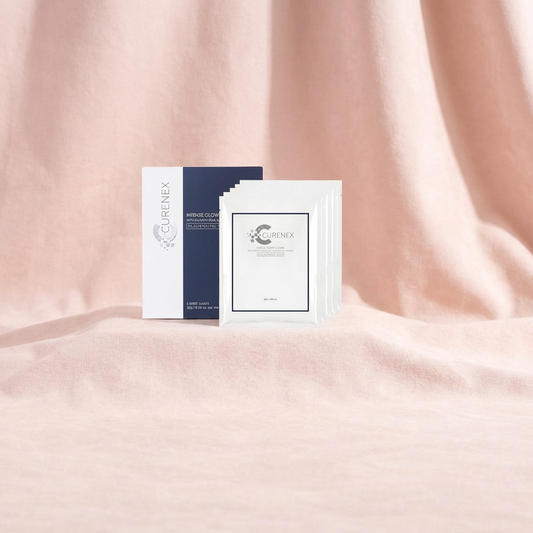 Curenex Salmon DNA & Multi-Peptide Rejuvenating Mask 5 pack on a soft pink fabric background.