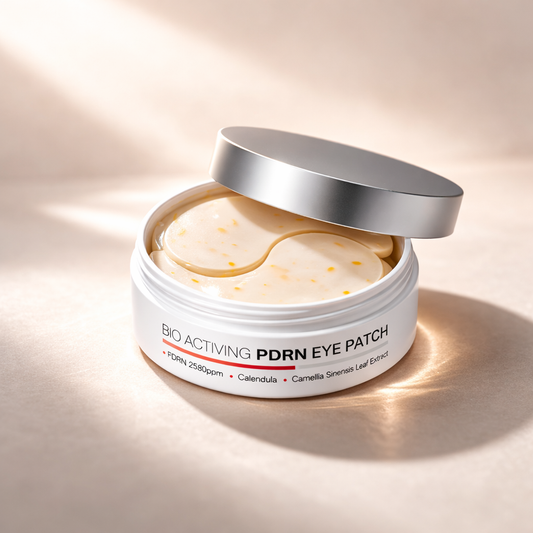 Open container of Dermaline Bio-Activating PDRN Eye Patches with visible eye patches inside on a beige background.