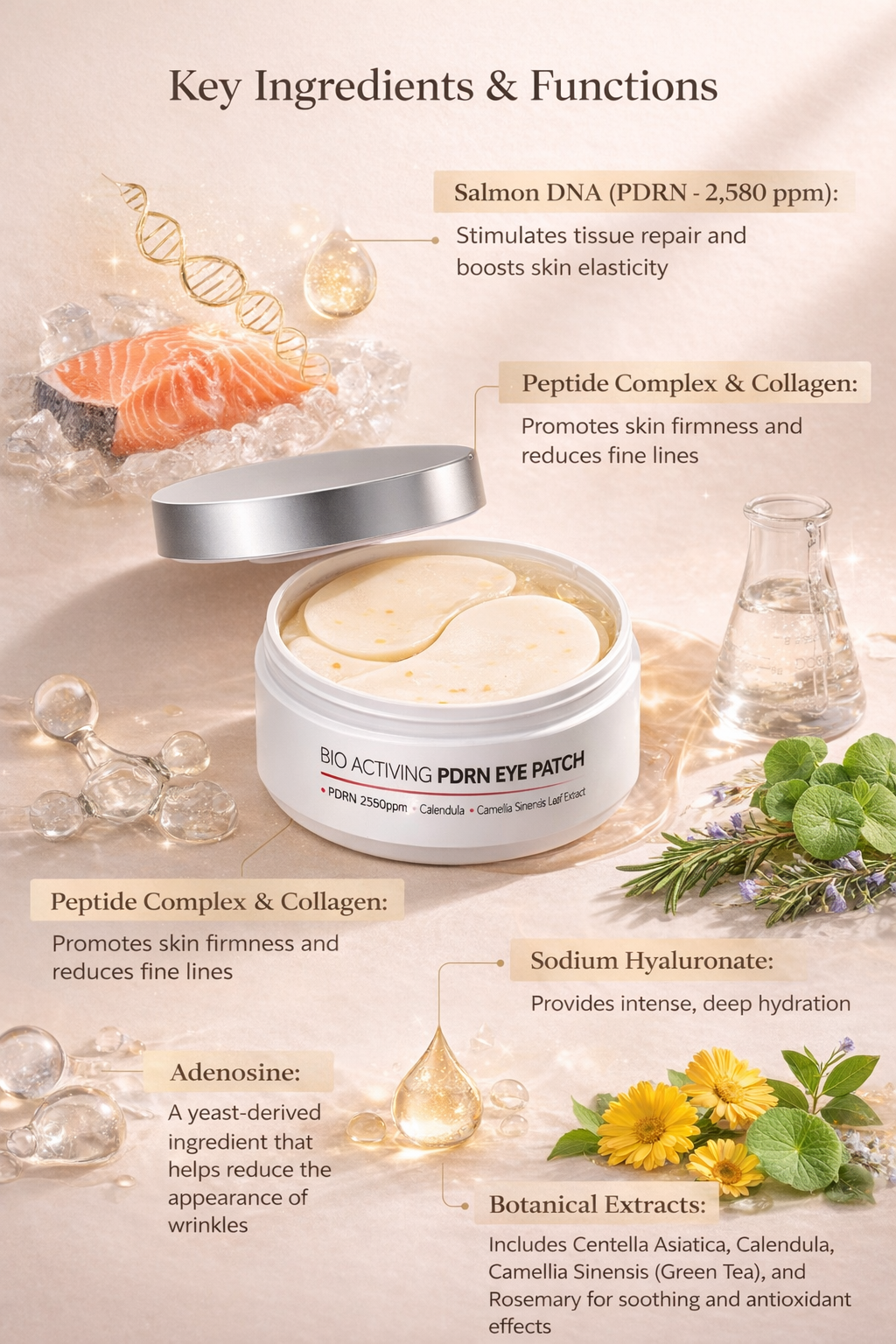 Dermaline Bio-Activating PDRN Eye Patches with key ingredients and functions displayed on a beige background.