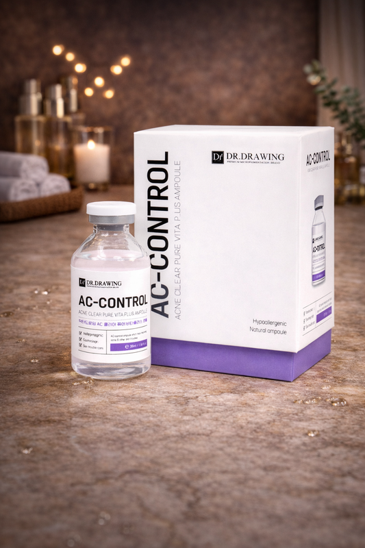 Dr. Drawing AC Control Salicylic Acid Ampoule skincare product with packaging on a wooden surface.
