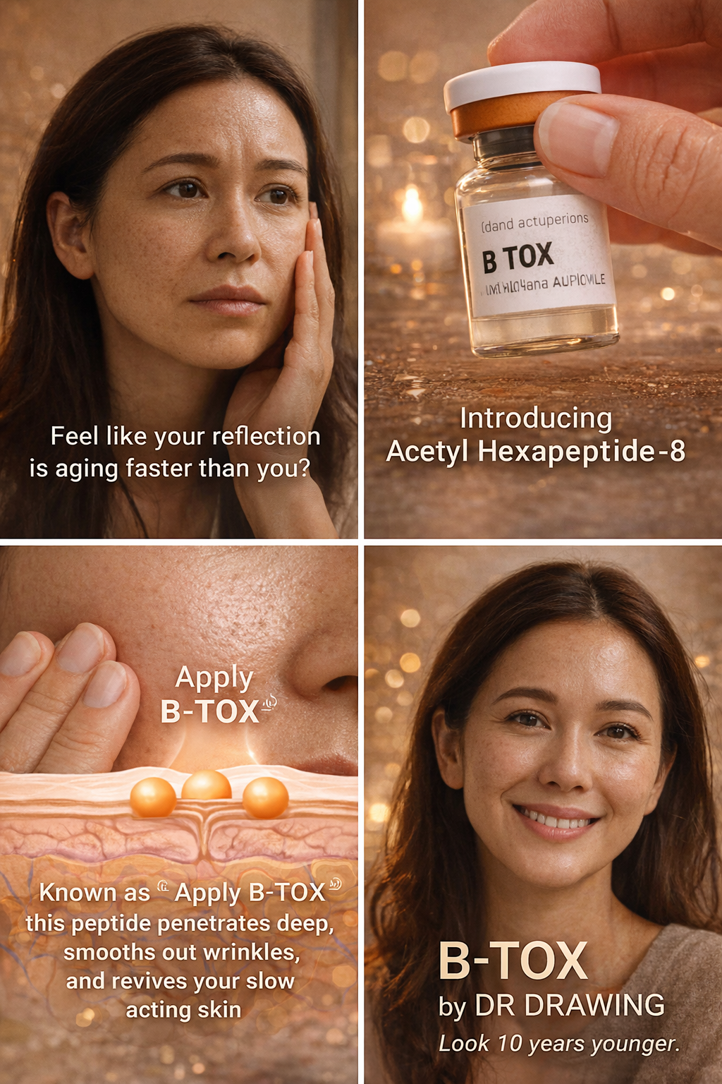 Advertisement for Dr. Drawing B-Tox Ampoule skincare product showing a woman applying it, close-up of the product, and text about its benefits.