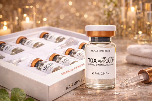 Dr. Drawing B-Tox Ampoule bottle with ampoules and dropper on a wooden surface with blurred lights in the background.