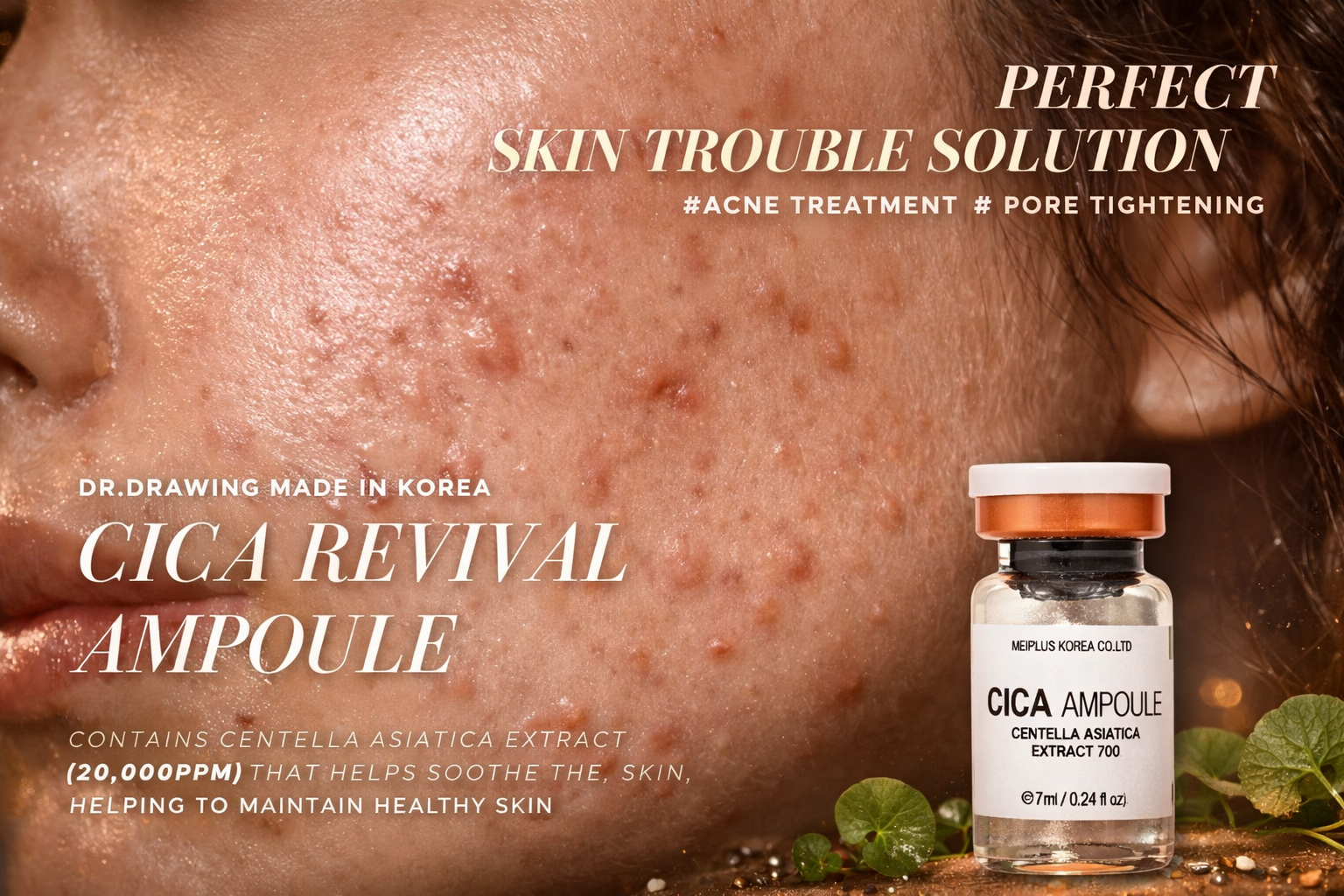 Dr. Drawing Cica Revival Ampoule advertisement with a close-up of skin and product bottle.