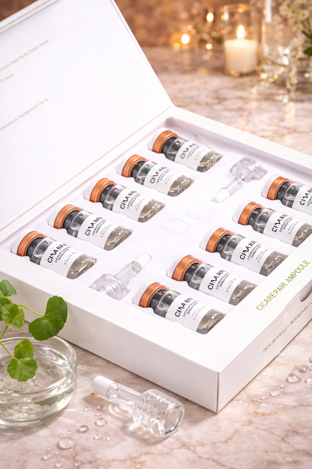 Set of Dr. Drawing Cica Revival Ampoules in a white box on a wooden surface with a candle in the background.