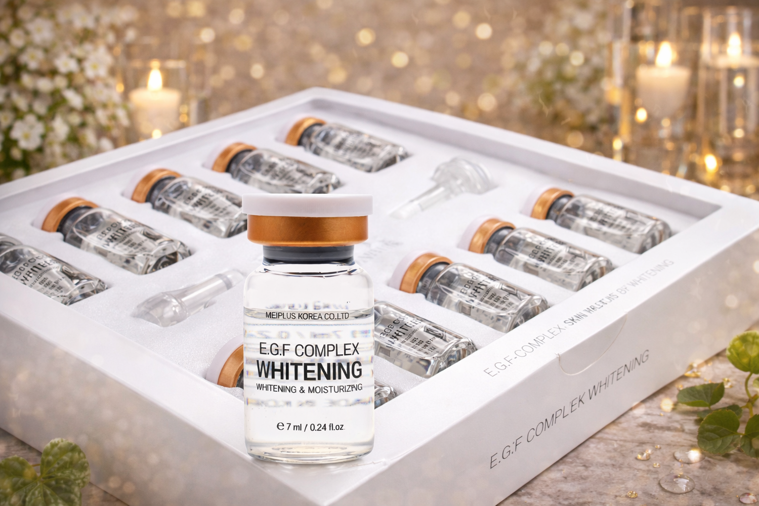 Dr. Drawing EGF Complex Whitening Ampoules on a decorative background.