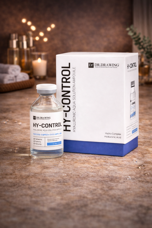 Dr. Drawing HY Control Hyaluronic Acid Ampoule skincare product on a wooden surface with a blurred background.
