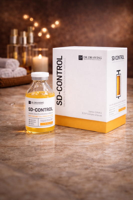 Dr. Drawing SD Control Salmon DNA Rejuvenation Ampoule on a wooden surface with blurred lights in the background.