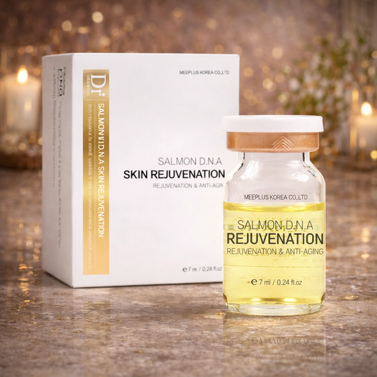 Dr. Drawing Salmon DNA Rejuvenation Ampoule with packaging on a wooden surface.