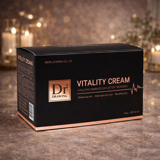 Box of Dr. Drawing Vitality Cream on a wooden surface with a blurred background.